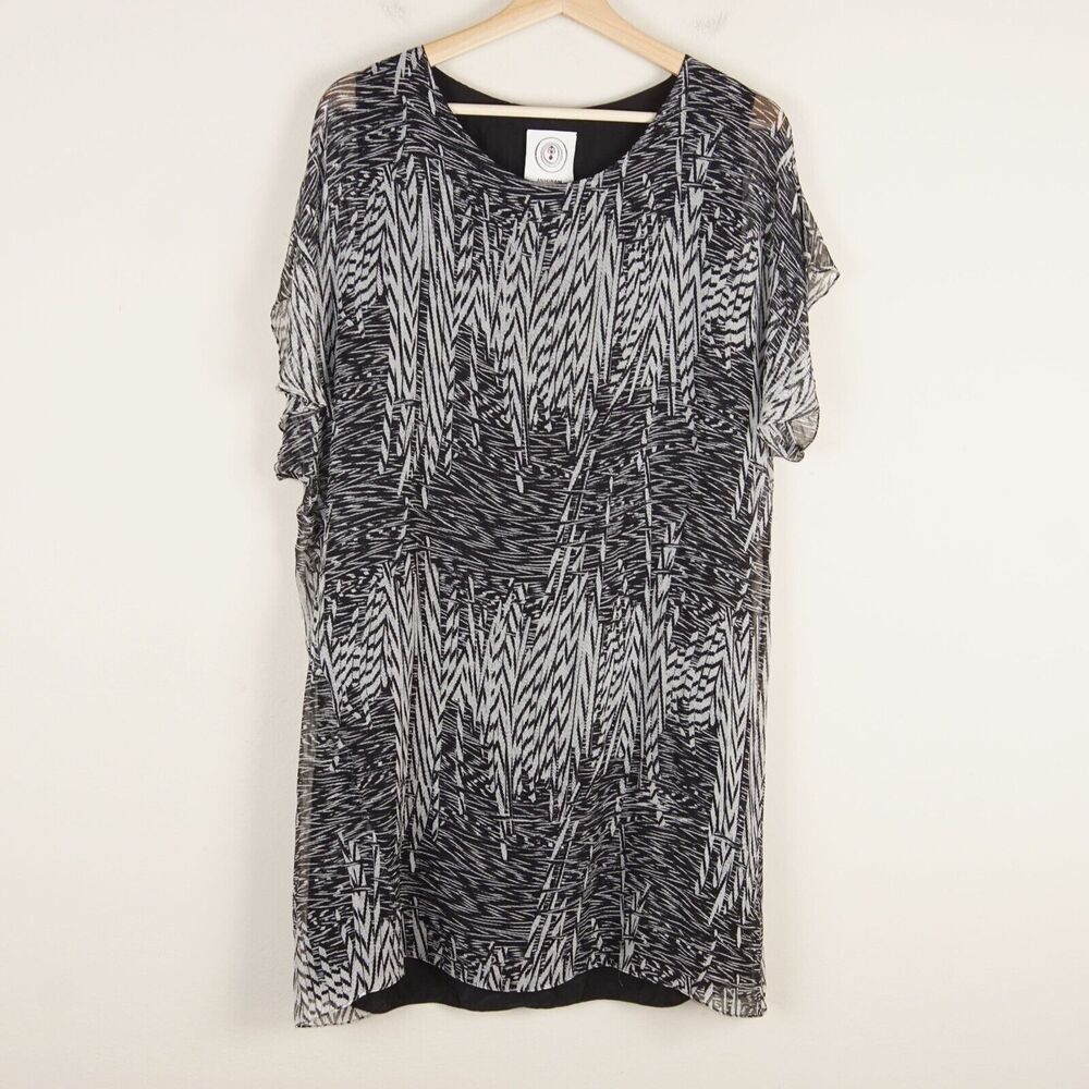 Anagram 100% Silk Black White Print Lined Shift Dress Womens Sz 8